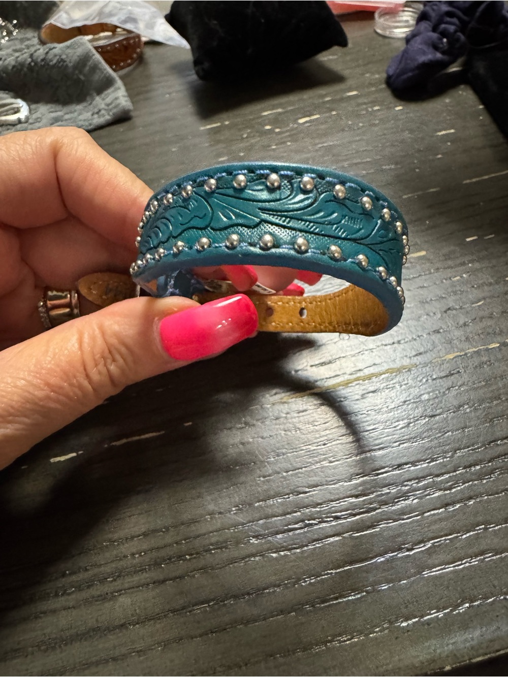 Brighton Teal Tooled Leather Bracelet with Silver Studs